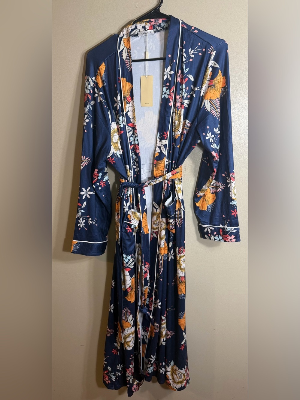 NWT Ekouaer Navy Floral Long Belted Robe Size L